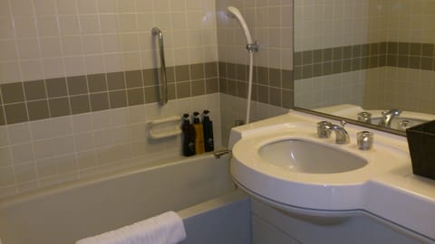 Combined shower/tub, rainfall showerhead, free toiletries, hair dryer