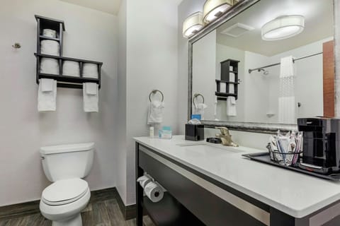 Combined shower/tub, free toiletries, hair dryer, towels