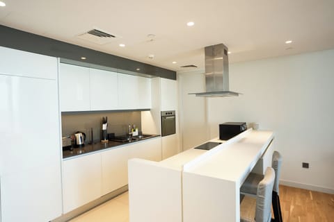 Deluxe Apartment | Private kitchen | Fridge, microwave, oven, stovetop
