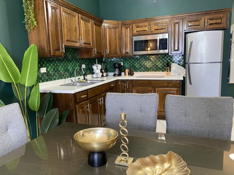 Luxury Apartment | Private kitchen | Full-size fridge, microwave, stovetop, coffee/tea maker