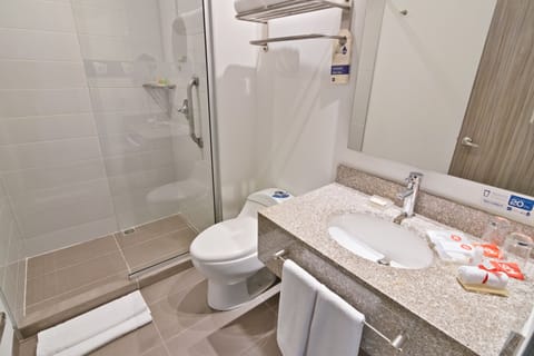 Shower, rainfall showerhead, free toiletries, hair dryer