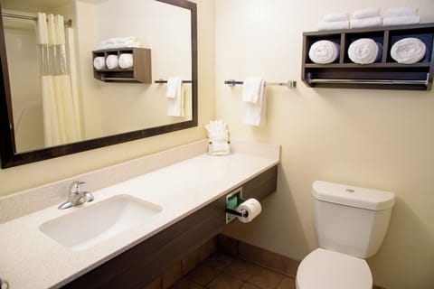 Combined shower/tub, hair dryer, towels