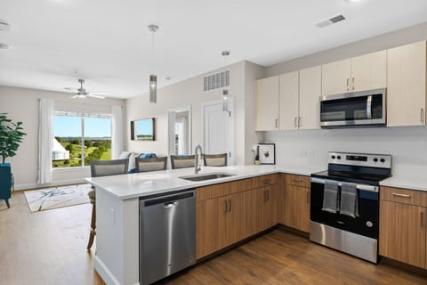 Luxury Apartment | Private kitchen | Full-size fridge, microwave, oven, stovetop