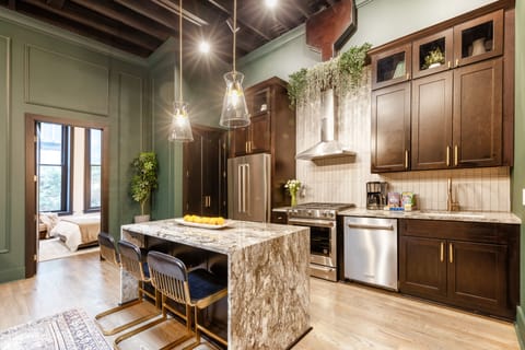 Luxurious Loft-Downtown Nash201 | Private kitchen | Full-size fridge, microwave, oven, stovetop