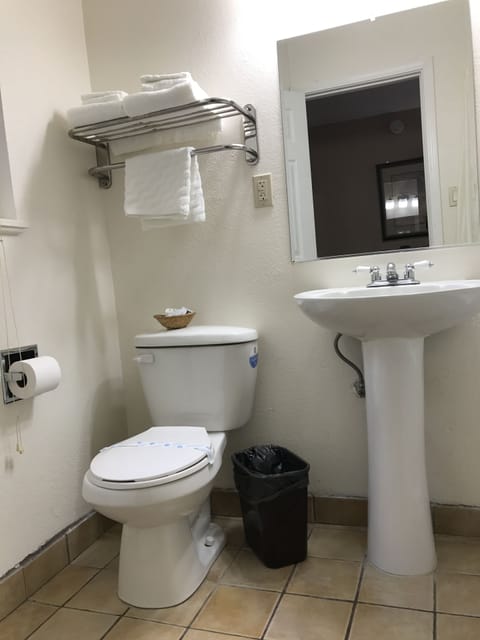 Combined shower/tub, free toiletries, hair dryer, towels