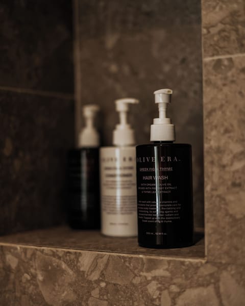 Shower, rainfall showerhead, hair dryer, bathrobes