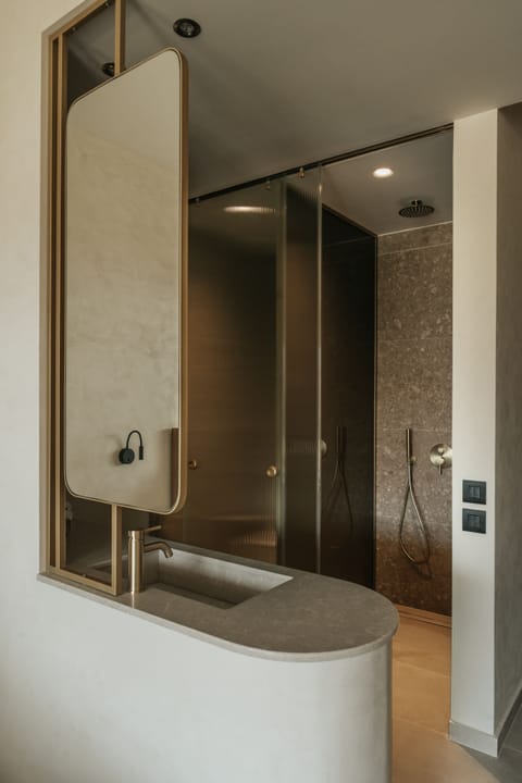 Shower, rainfall showerhead, hair dryer, bathrobes