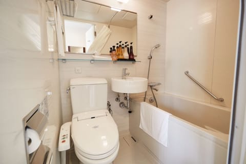 Combined shower/tub, hair dryer, slippers, electronic bidet