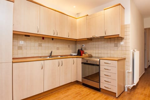 Apartment | Private kitchen | Full-size fridge, oven, toaster, cookware/dishes/utensils