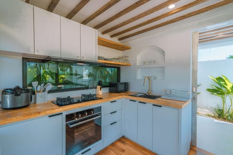 Romantic Villa | Private kitchen | Fridge, microwave, oven, stovetop