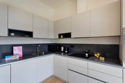 Deluxe Apartment | Private kitchen | Fridge, stovetop, espresso maker, electric kettle