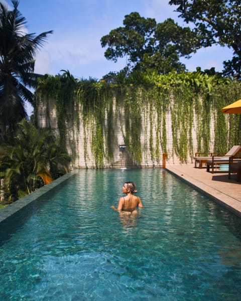 Outdoor pool, pool umbrellas, sun loungers