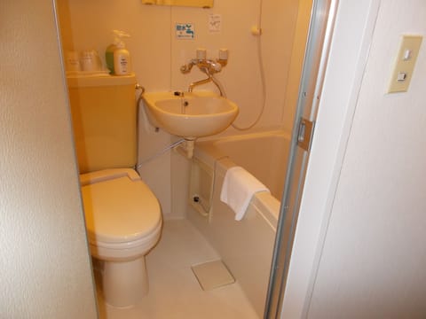 Combined shower/tub, free toiletries, hair dryer, slippers