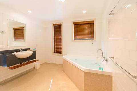 Deluxe Room, 1 King Bed, Jetted Tub, Ground Floor | Bathroom | Shower, free toiletries, hair dryer, towels