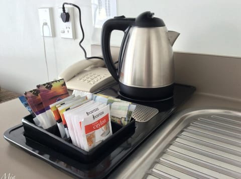 Fridge, microwave, coffee/tea maker, electric kettle