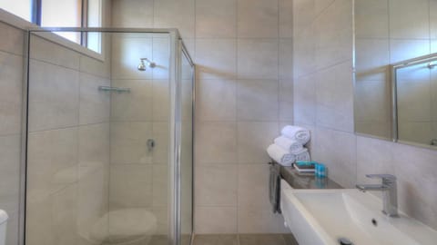 Shower, free toiletries, hair dryer, towels