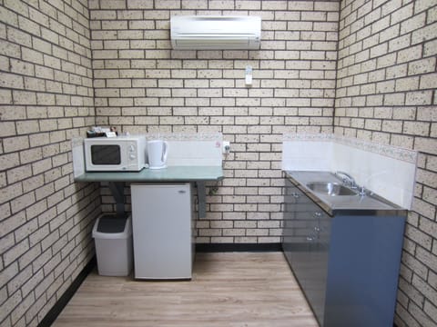 Fridge, microwave, electric kettle, toaster