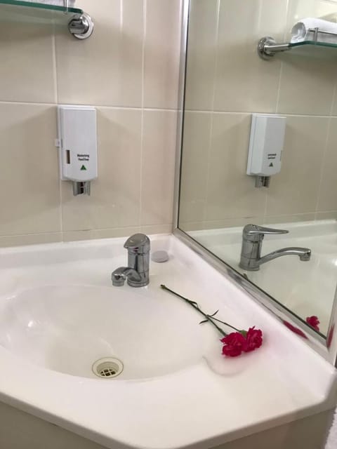 Shower, rainfall showerhead, free toiletries, hair dryer