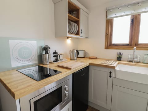 Fridge, electric kettle, toaster, cookware/dishes/utensils