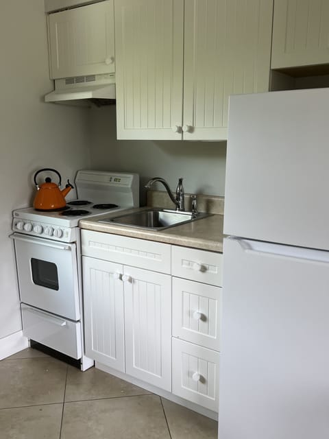 Deluxe Studio, 1 Queen Bed, Ground Floor | Private kitchen | Full-size fridge, microwave, oven, stovetop