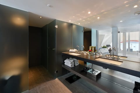 Vitznauerhof Suite, Lake View | Bathroom | Shower, designer toiletries, hair dryer, bathrobes