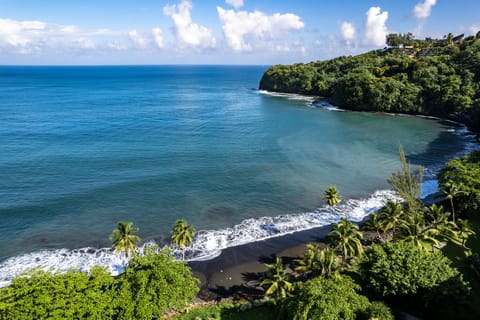 On the beach, black sand