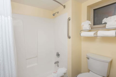 Combined shower/tub, free toiletries, hair dryer, towels