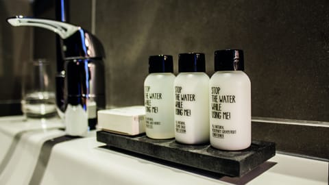 Shower, free toiletries, hair dryer, towels