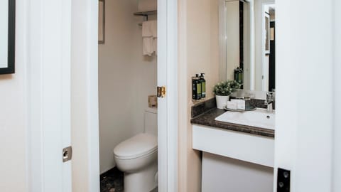 Designer toiletries, hair dryer, towels