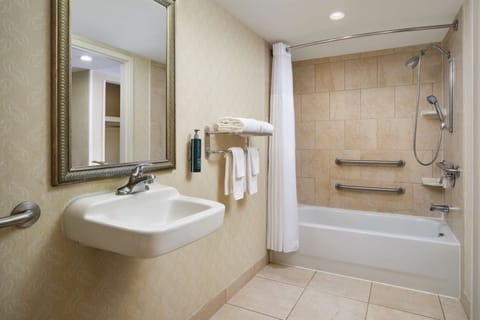 Combined shower/tub, eco-friendly toiletries, hair dryer, towels