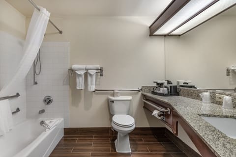 Combined shower/tub, free toiletries, hair dryer, towels