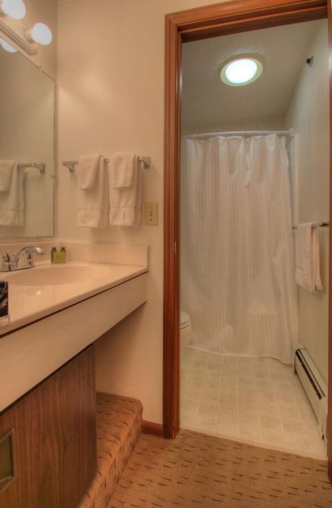 Combined shower/tub, free toiletries, hair dryer, towels