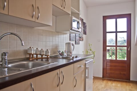 Apartment, 1 Bedroom, Balcony | Private kitchen | Fridge, stovetop, electric kettle, toaster