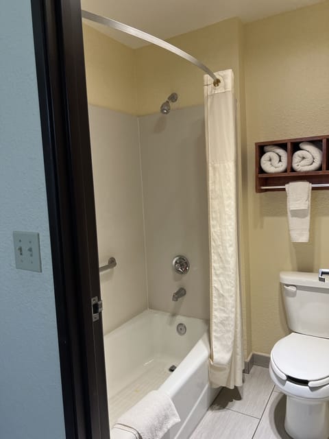 Combined shower/tub, free toiletries, hair dryer, towels