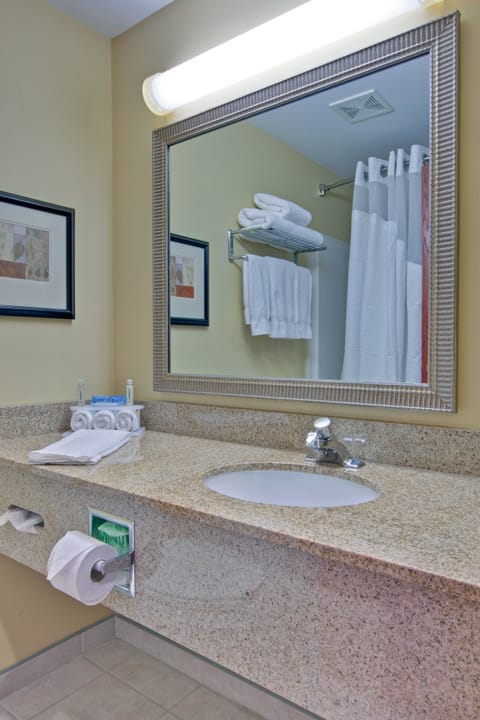 Combined shower/tub, eco-friendly toiletries, hair dryer, towels