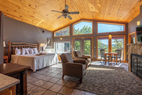 Bluff Cabin on Beaver Lake | Living area | 55-inch flat-screen TV with satellite channels, TV, fireplace