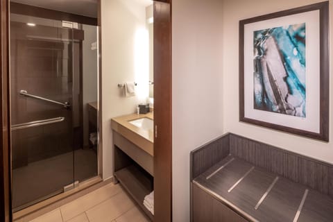 Rainfall showerhead, designer toiletries, hair dryer, towels