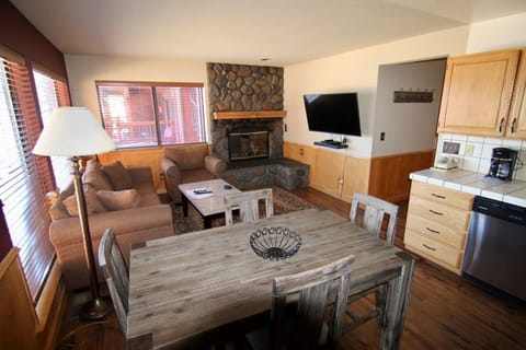 Comfort Condo, 2 Bedrooms, Partial Lake View | Living area | Flat-screen TV, fireplace, books