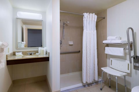 Combined shower/tub, free toiletries, hair dryer, towels