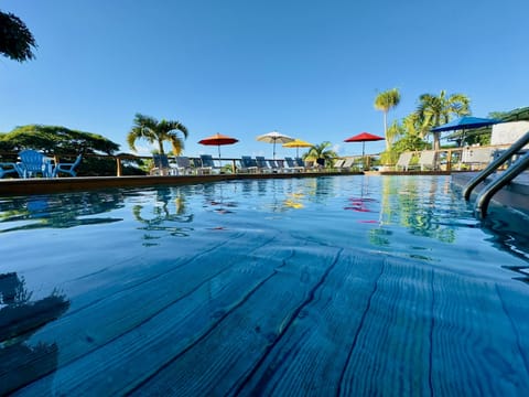 Outdoor pool, pool umbrellas, sun loungers