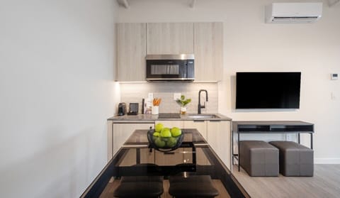 Microwave, stovetop, coffee/tea maker, electric kettle