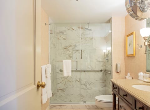 Shower, eco-friendly toiletries, hair dryer, bathrobes