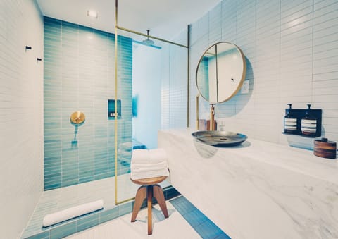 Room, Poolside | Bathroom | Designer toiletries, hair dryer, bathrobes, towels