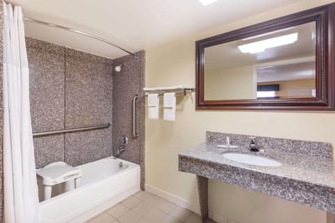 Combined shower/tub, free toiletries, hair dryer, towels