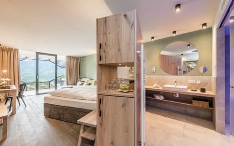 Shower, rainfall showerhead, hair dryer, bathrobes