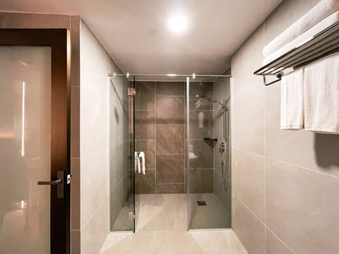 Executive Studio, 1 King Bed, City View | Bathroom | Shower, hydromassage showerhead, hair dryer, slippers