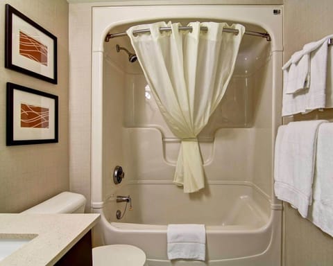 Combined shower/tub, eco-friendly toiletries, hair dryer, towels