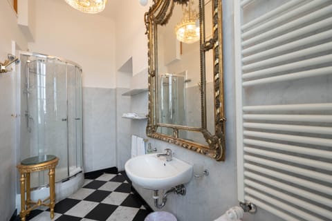 Shower, rainfall showerhead, free toiletries, hair dryer