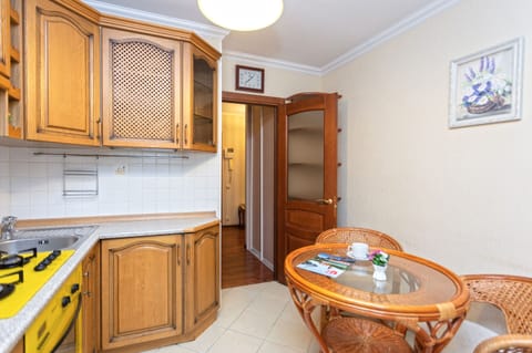 Classic Apartment | Private kitchen | Fridge, electric kettle, cookware/dishes/utensils, cleaning supplies