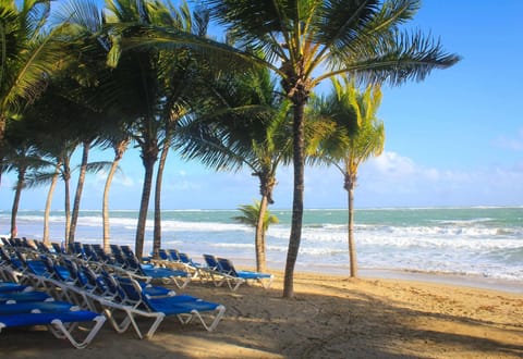 On the beach, white sand, sun loungers, beach towels